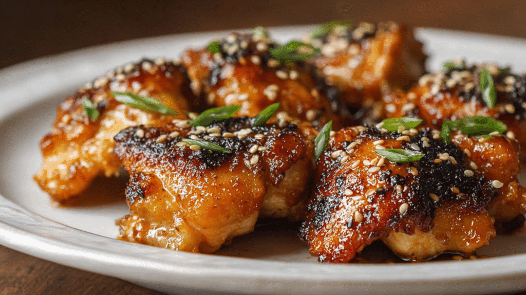 Honey garlic chicken thighs served on a plate, glazed and caramelized, topped with sesame seeds and sliced green onions