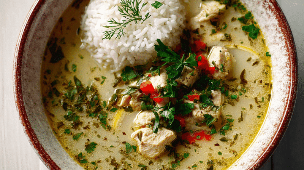 Bowl of chicken and rice soup with tender chicken pieces, white rice, herbs, and diced red peppers.