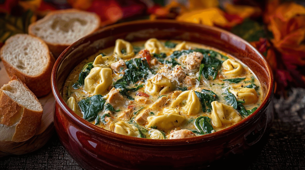 Creamy Chicken Tortellini Soup with spinach, tender chicken pieces, and cheese tortellini served in a rustic bowl