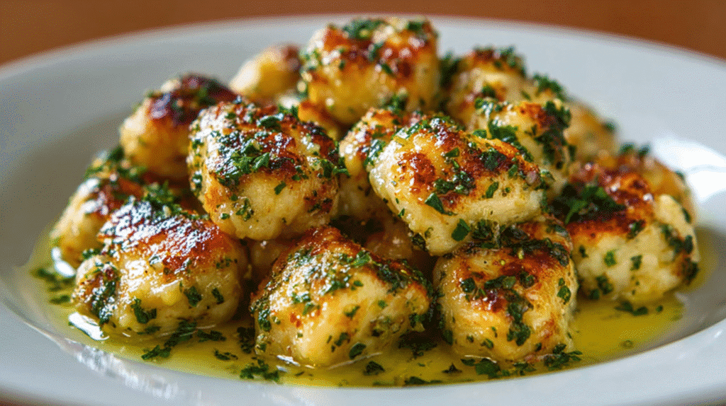 Garlic butter chicken bites served on a white plate, golden and crispy with fresh herbs and a rich buttery sauce