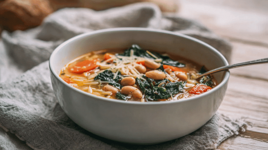 Bowl of white bean and pasta soup with spinach, carrots, and herbs in a light broth.