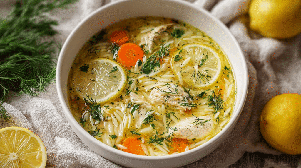 Hearty lemon chicken orzo soup in a white bowl, garnished with fresh dill, sliced lemons, shredded chicken, carrots, and orzo pasta.