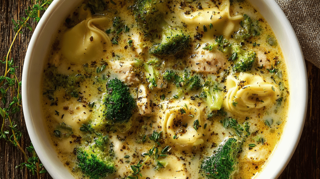 Creamy Chicken Tortellini Soup with broccoli florets, herbs, and cheese tortellini in a rich broth