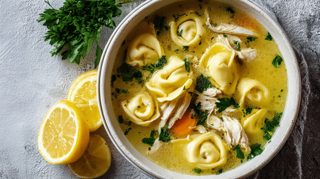 Lemon Chicken Tortellini Soup with shredded chicken, cheese tortellini, fresh parsley, and lemon slices in a clear broth