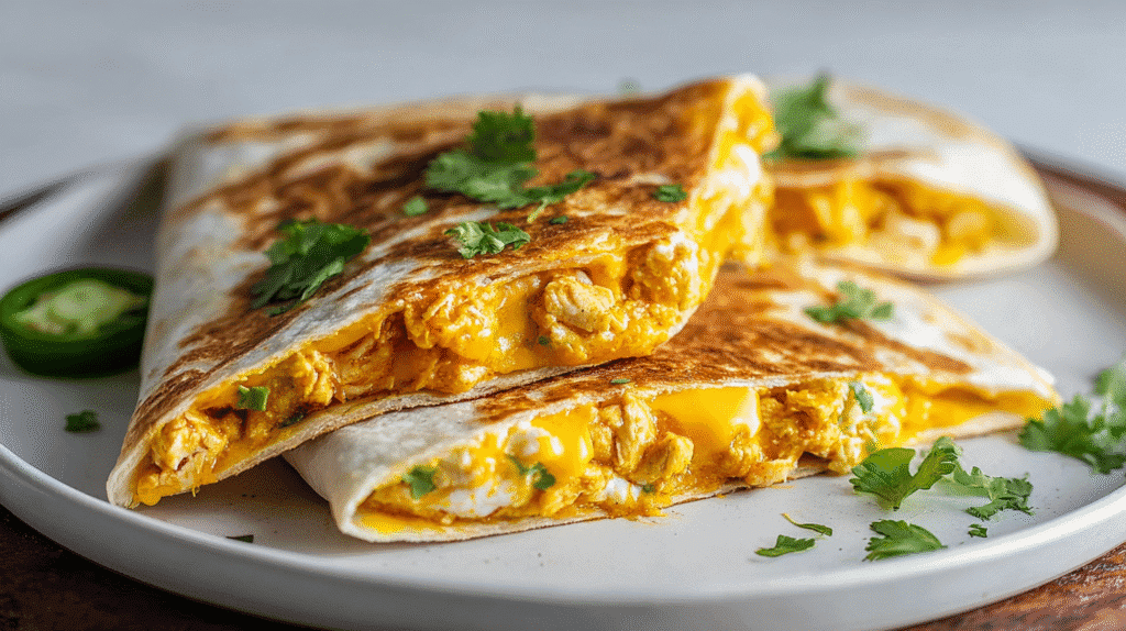 Cheesy chicken quesadilla wrap with melted cheese and shredded chicken, folded and toasted on a plate with sliced jalapeños and fresh cilantro.