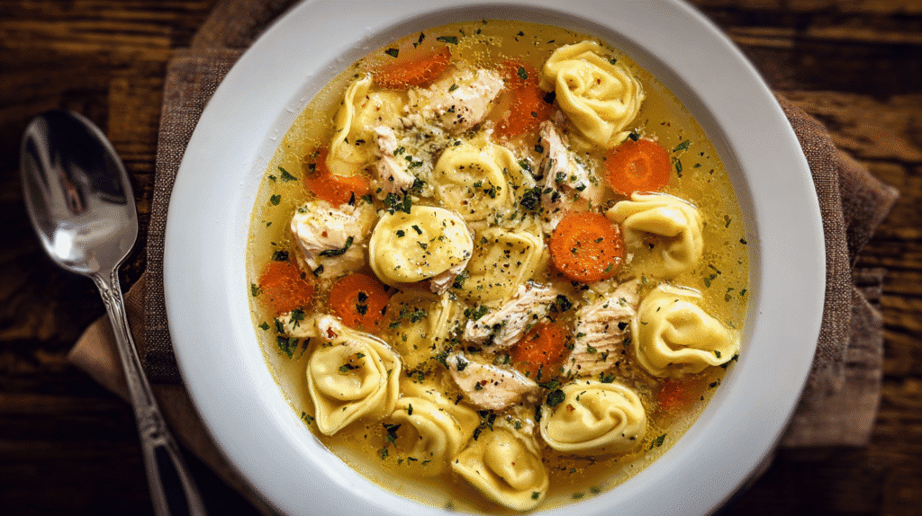 Chicken Tortellini Soup with shredded chicken, carrots, celery, and cheese tortellini in a clear golden broth