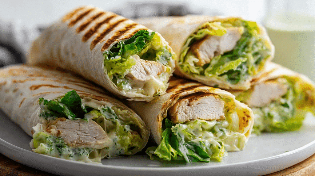 Chicken Caesar-style wraps filled with grilled chicken, crisp romaine lettuce, and creamy dressing, sliced and arranged on a plate.