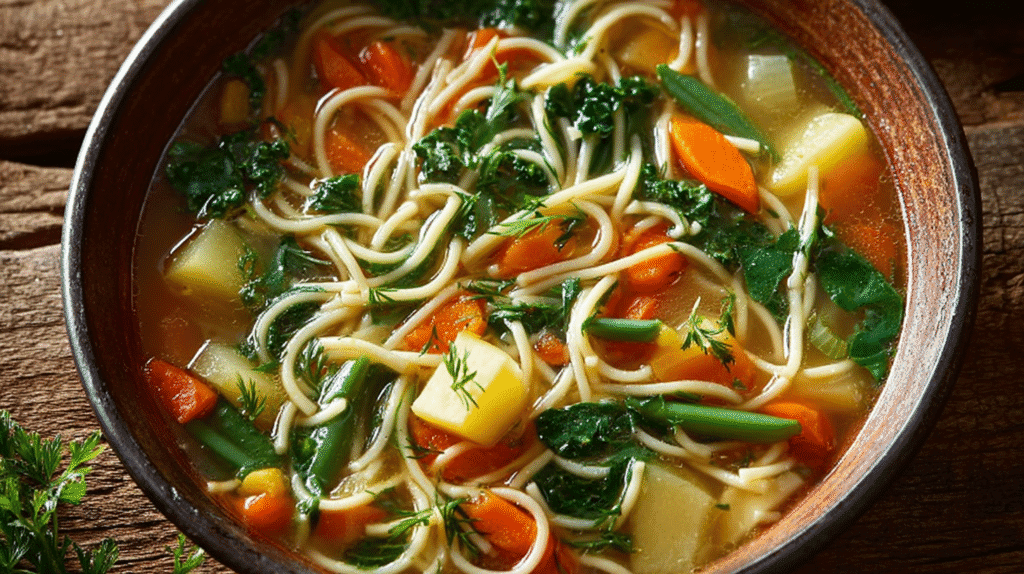 Bowl of vegetable noodle soup with carrots, potatoes, green beans, spinach, and fresh herbs.