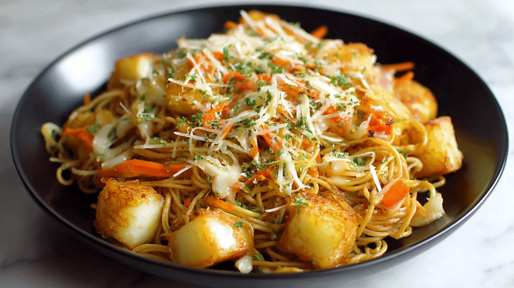 Stir-fried noodles mixed with crispy potato cubes, shredded vegetables, melted cheese, and fresh herbs in a black bowl.