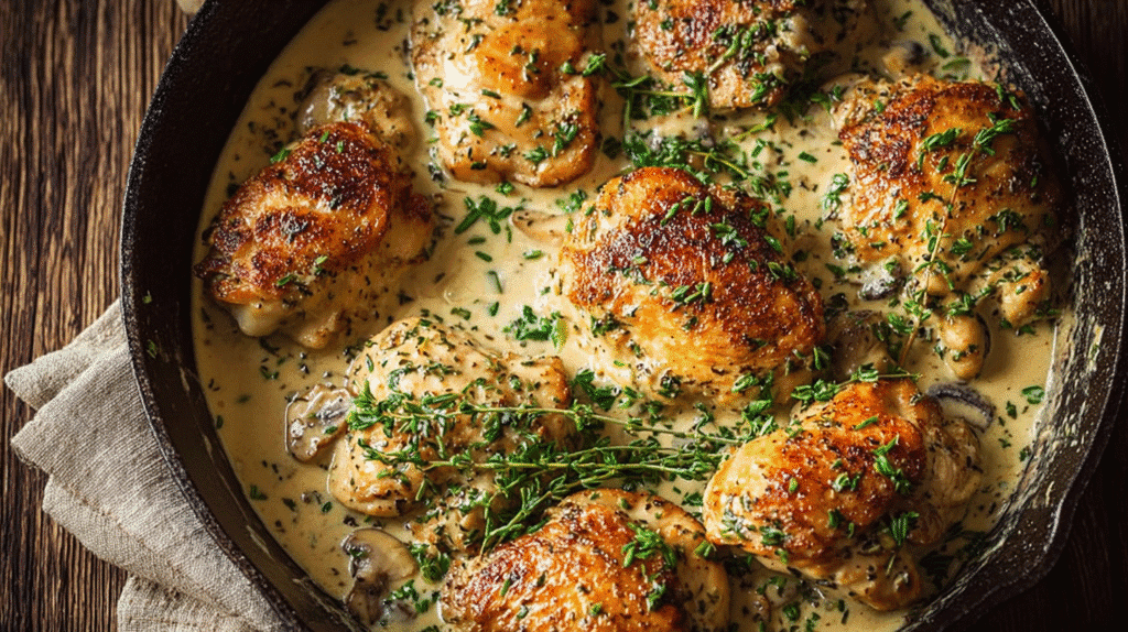 Creamy garlic chicken thighs cooked in a skillet, seared until golden and simmered in a rich herb cream sauce