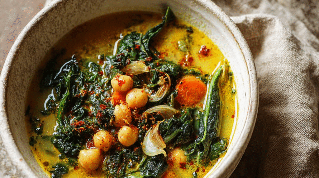 Bowl of chickpea and vegetable soup with kale, carrots, and spices in a golden broth.