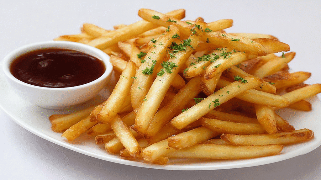 Plate of golden French fries served with a small bowl of dipping sauce garnished with herbs.