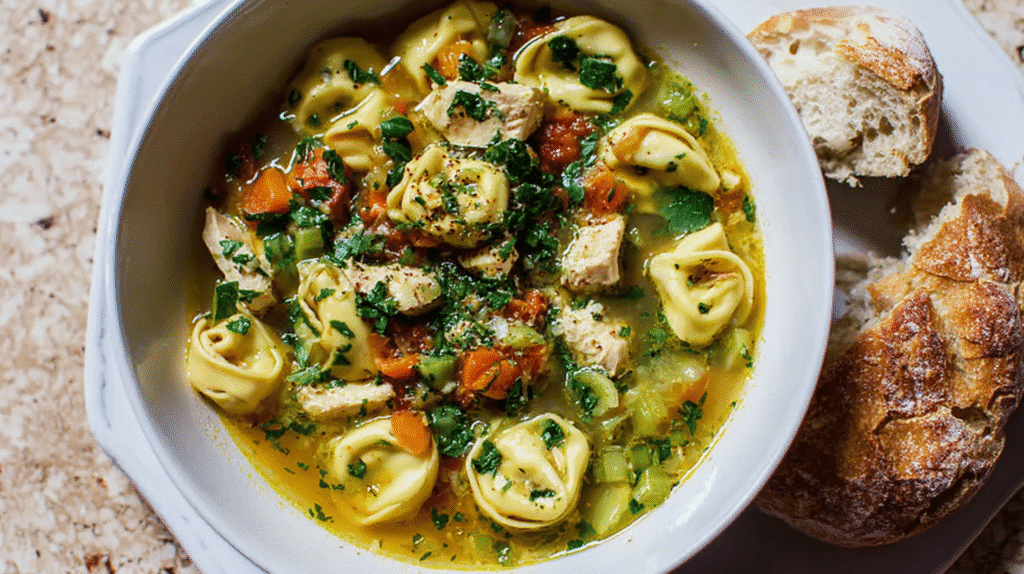 Chicken Tortellini Soup with fresh herbs, vegetables, and cheese tortellini in a clear broth