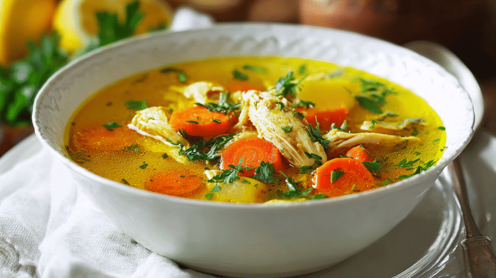 Bowl of lemon chicken soup with shredded chicken, carrots, celery, fresh parsley, and a lemon slice.