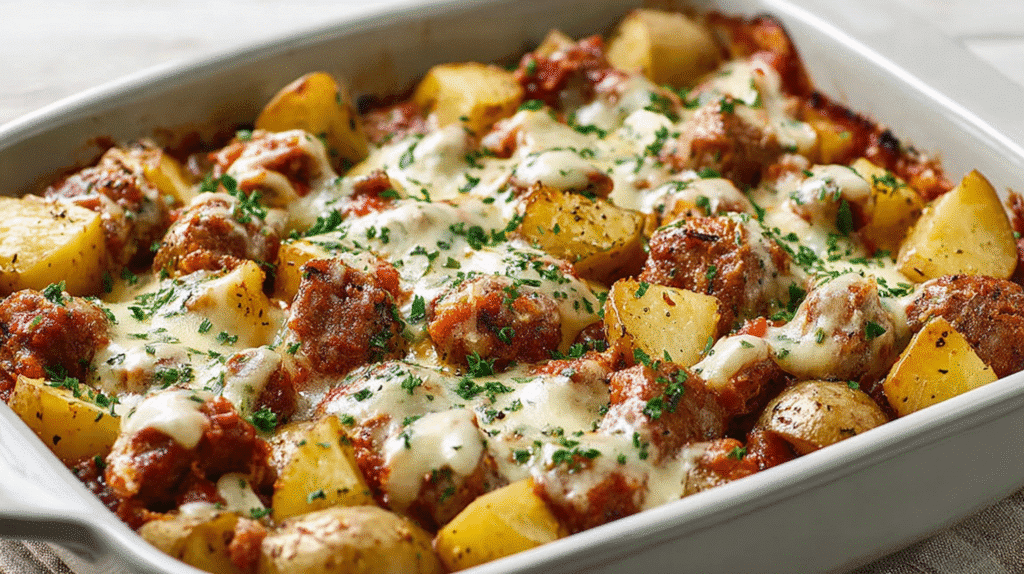 Cheesy sausage and potatoes baked in a casserole dish with melted cheese and fresh herbs on top