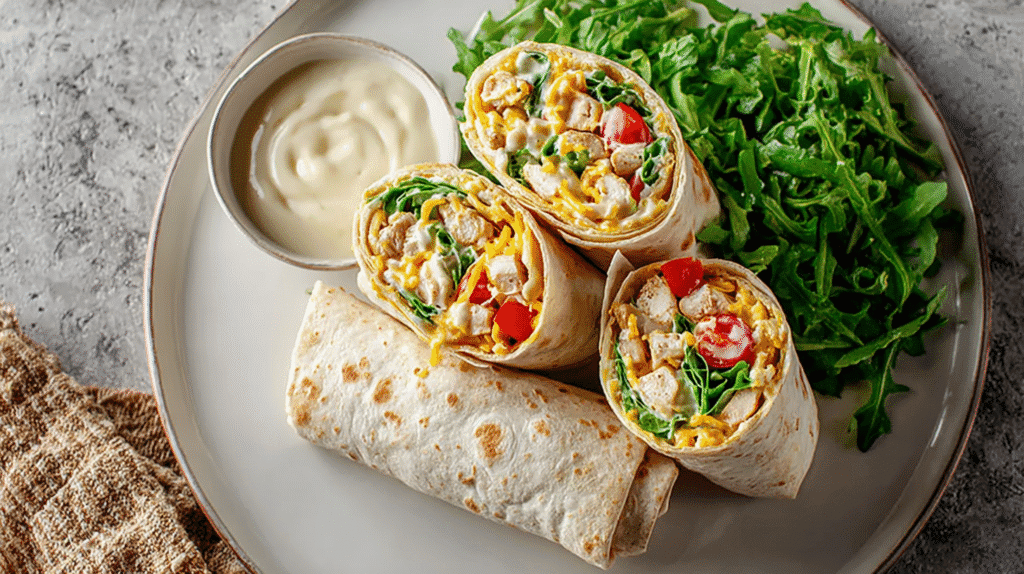 Chicken wraps filled with lettuce, tomatoes, cheese, and sliced chicken served with a fresh arugula salad and creamy dressing on a plate.