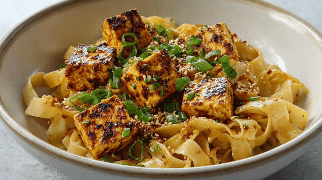 Bowl of wide rice noodles topped with pan-seared tofu, sesame seeds, chopped green onions, and seasonings.