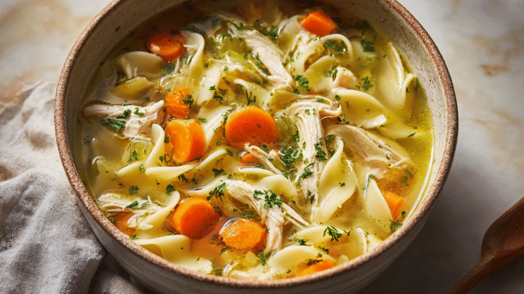 Bowl of chicken noodle soup with egg noodles, shredded chicken, carrots, celery, and fresh herbs.