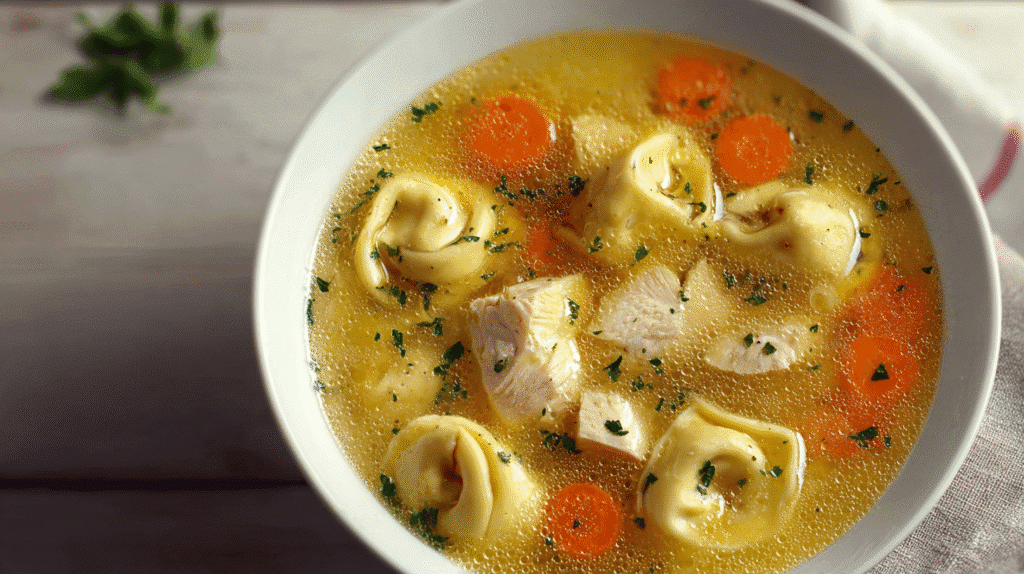 Bowl of Chicken Tortellini Soup with carrots, herbs, and cheese-filled tortellini in a clear golden broth