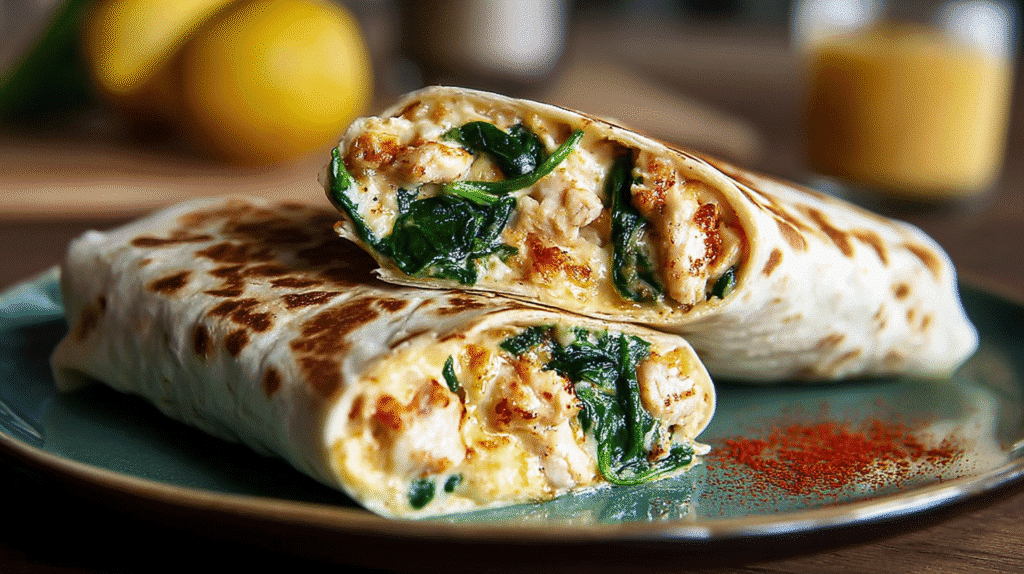Cheesy chicken wrap filled with tender chicken, sautéed spinach, and melted cheese, sliced in half on a plate with a lightly toasted tortilla.