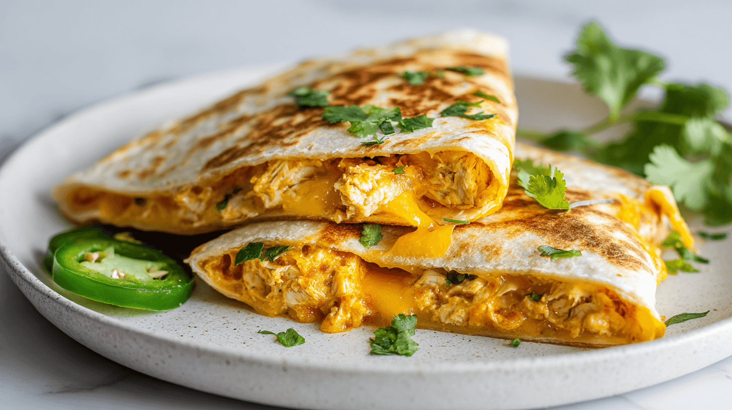 Spicy Cheesy Chicken Quesadilla Wraps on white plate with cilantro