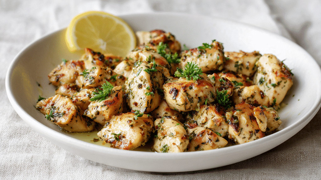 Garlic Butter Chicken Bites served with lemon wedge and parsley