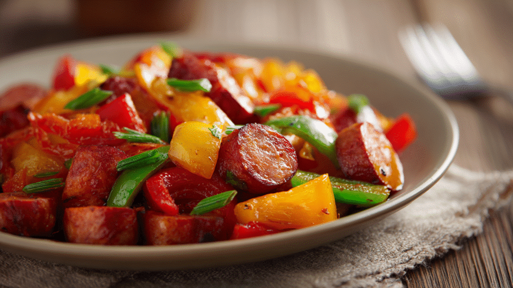 Served Plate of Smoked Sausage and Peppers Skillet