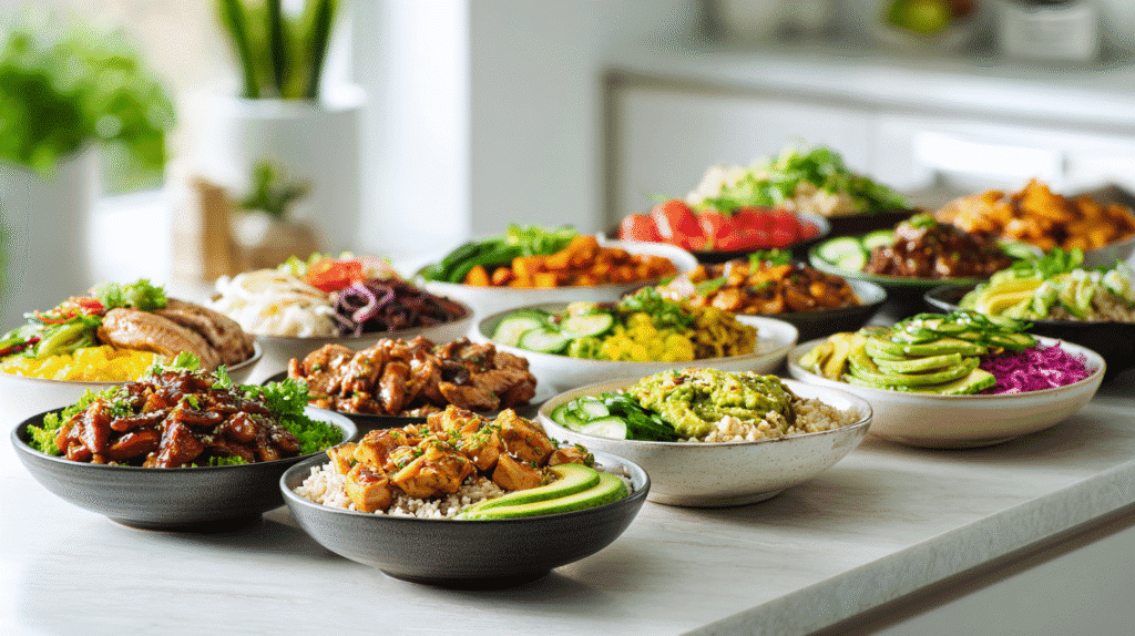 Collection of healthy dinner bowls with grilled chicken, quinoa, rice, vegetables, avocado, beef, and colorful fresh toppings on a modern kitchen table