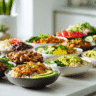 Collection of healthy dinner bowls with grilled chicken, quinoa, rice, vegetables, avocado, beef, and colorful fresh toppings on a modern kitchen table