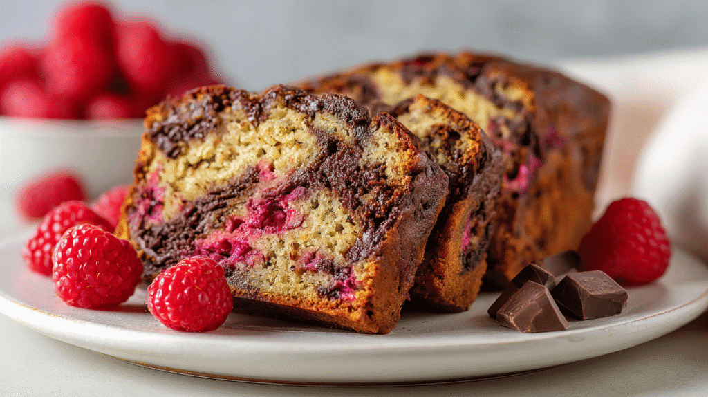 Slices of Raspberry Dark Chocolate Banana Bread on a plate
