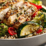 Veggie Packed Chicken Power Bowl with roasted vegetables and quinoa