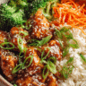 Honey Garlic Chicken Bowl with rice and vegetables in bright lighting