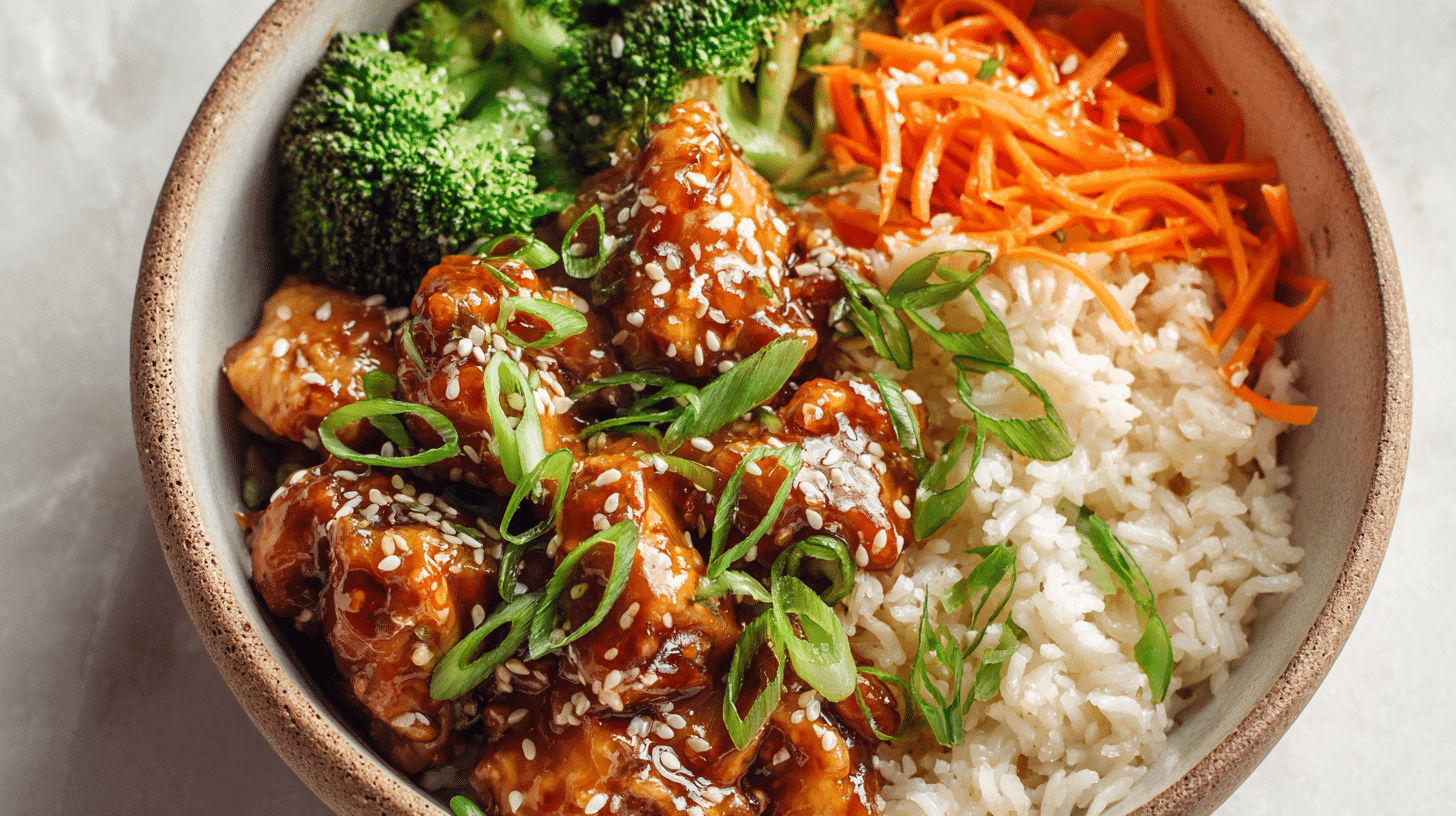 Honey Garlic Chicken Bowl with rice and vegetables in bright lighting