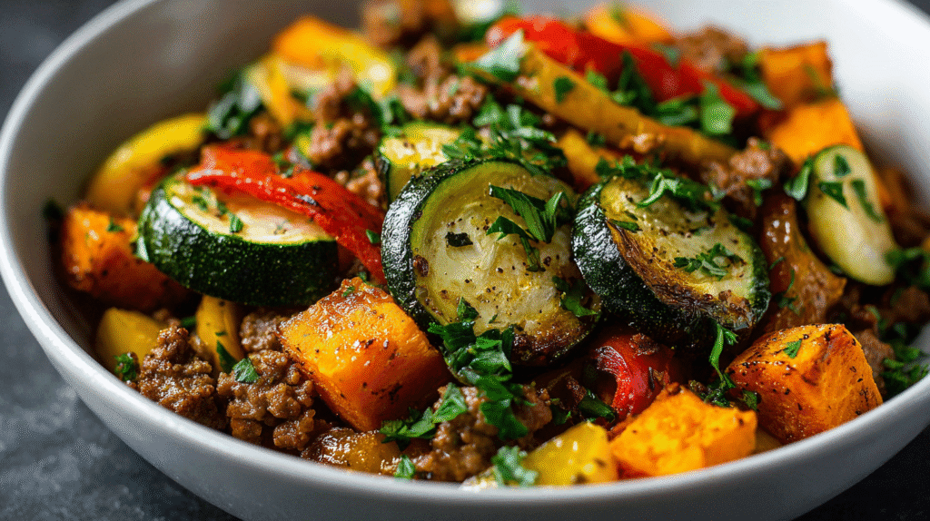 Beef and Sweet Potato Bowl with roasted vegetables and fresh herbs