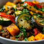 Beef and Sweet Potato Bowl with roasted vegetables and fresh herbs