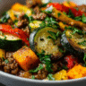 Beef and Sweet Potato Bowl with roasted vegetables and fresh herbs