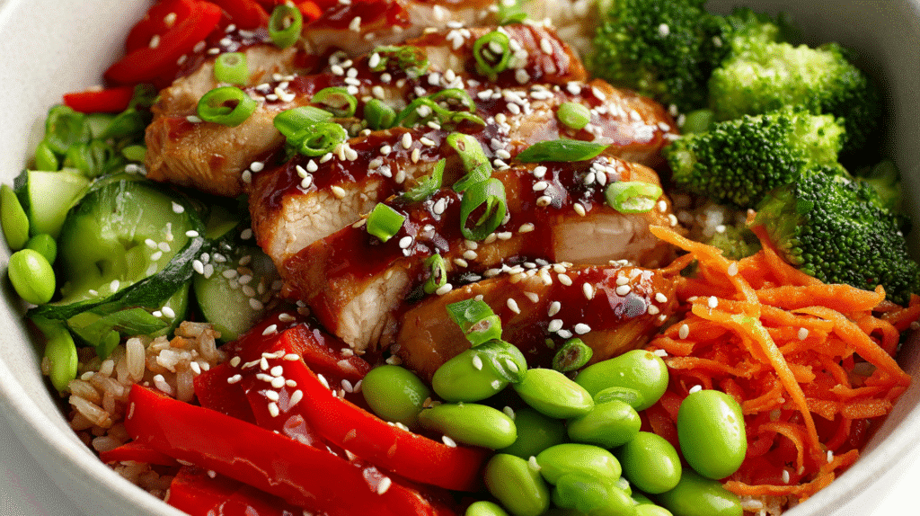 Teriyaki Chicken Healthy Bowl with vegetables and rice