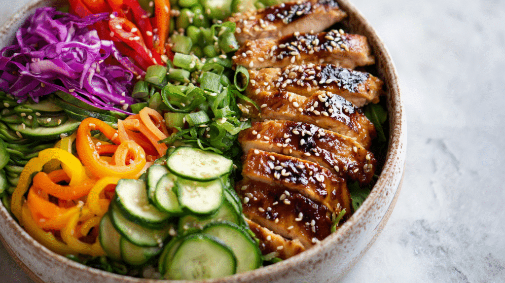 Healthy Asian Inspired Dinner Bowl close-up with fresh toppings