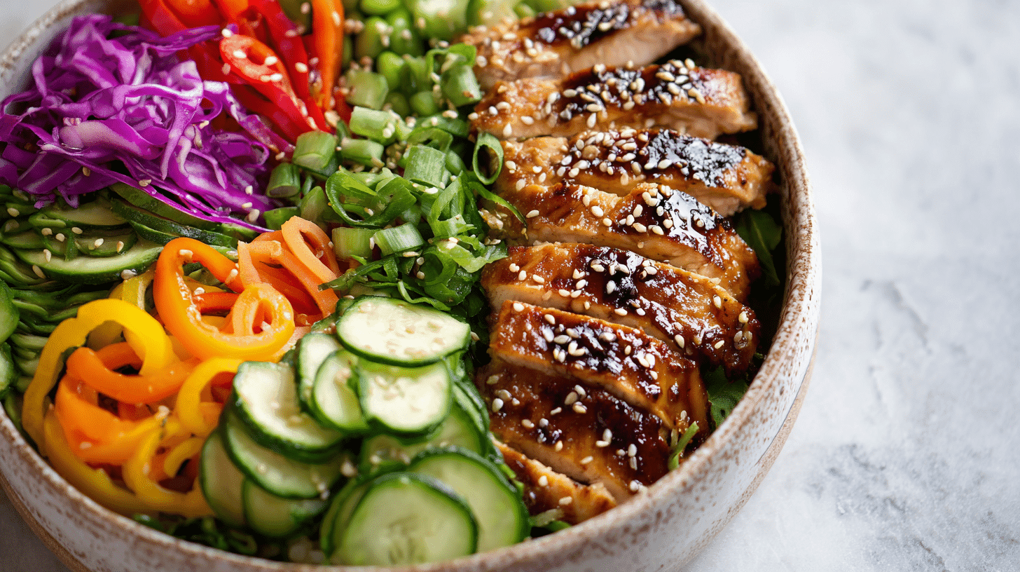 Healthy Asian Inspired Dinner Bowl close-up with fresh toppings