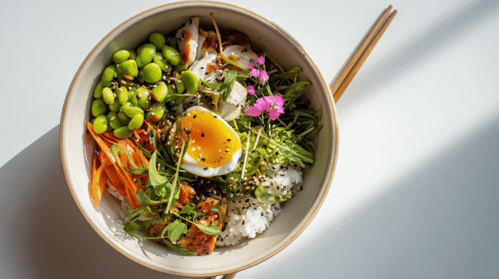 A minimalist, brightly lit presentation of a colorful rice bowl topped with vegetables and chicken