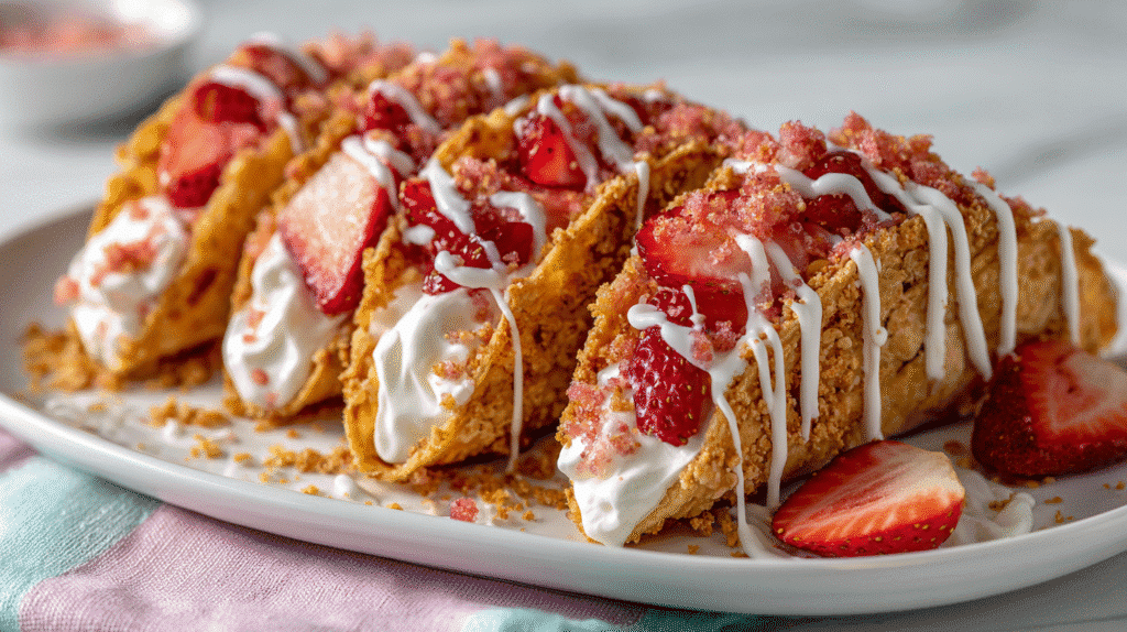 Served Strawberry Crunch Cheesecake Tacos on white plate