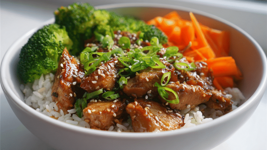 Honey garlic chicken bowl served with vegetables and rice