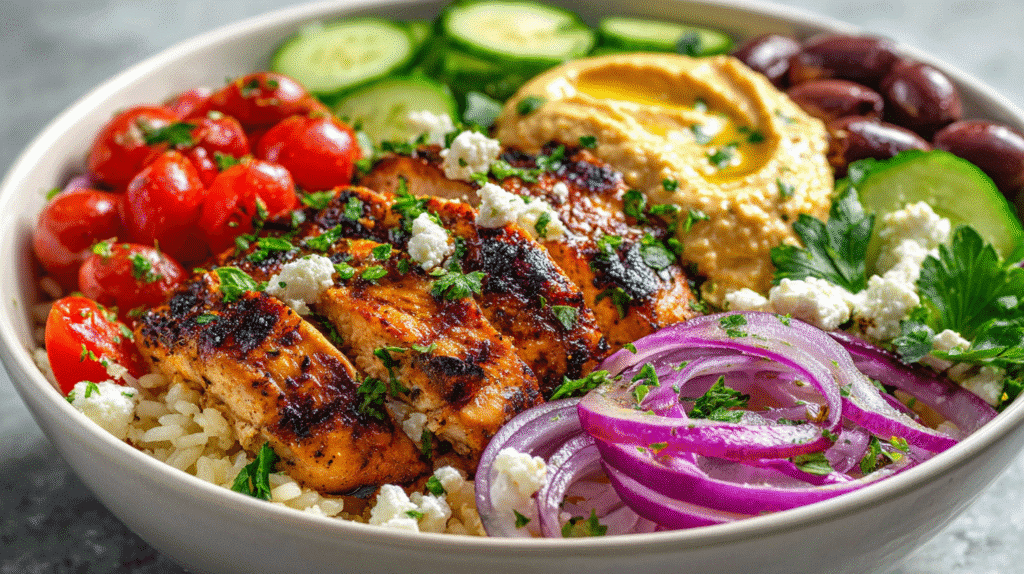 Finished Mediterranean Chicken Bowl served with vibrant toppings