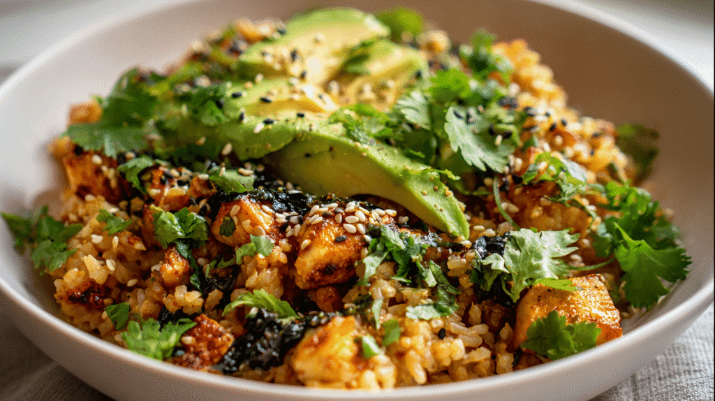 Finished Protein Packed Dinner Bowl with toppings