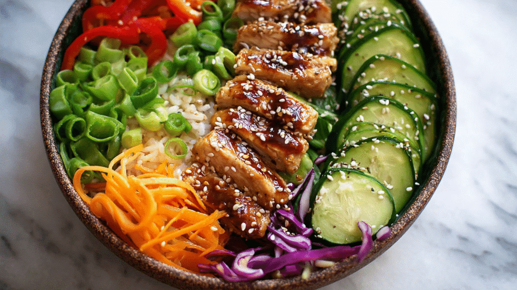 Asian-inspired chicken dinner bowl with teriyaki-glazed chicken, cucumber slices, bell peppers, red cabbage, edamame, and sesame seeds