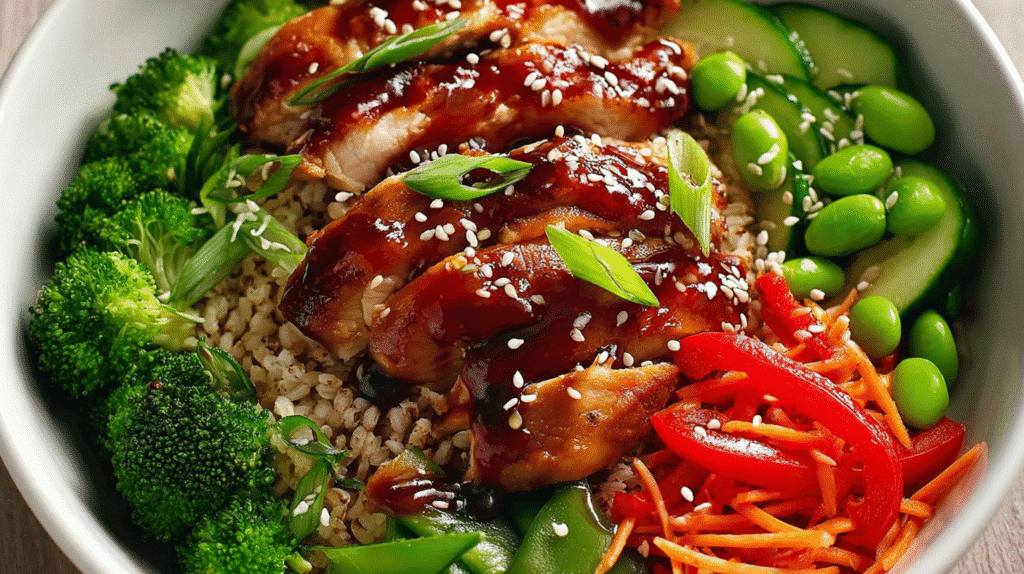 Healthy teriyaki chicken dinner bowl with sliced glazed chicken, brown rice, edamame, cucumber, broccoli, shredded carrots, and sesame seeds
