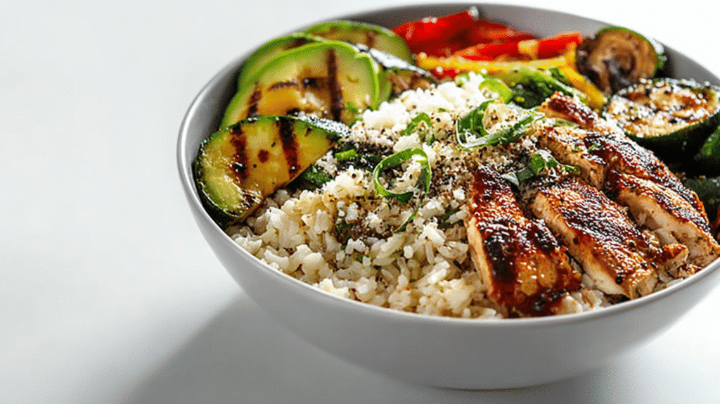 Protein-packed chicken rice bowl with grilled chicken, avocado, roasted zucchini, mixed greens, and seasoned brown rice