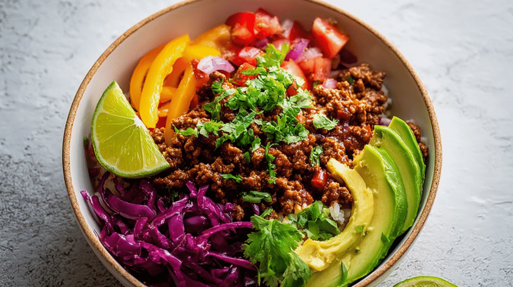 Healthy taco bowl with seasoned ground beef, avocado slices, brown rice, red cabbage, bell peppers, lime, and fresh cilantro