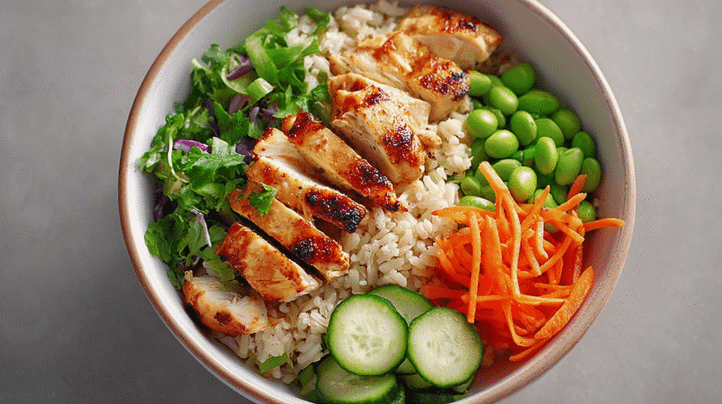 Healthy chicken rice bowl with grilled chicken, brown rice, edamame, cucumber slices, shredded carrots, and fresh herbs in a white bowl