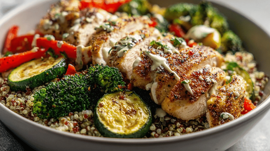 Healthy chicken power bowl with grilled chicken, quinoa, roasted broccoli, zucchini, red peppers, and mixed seeds